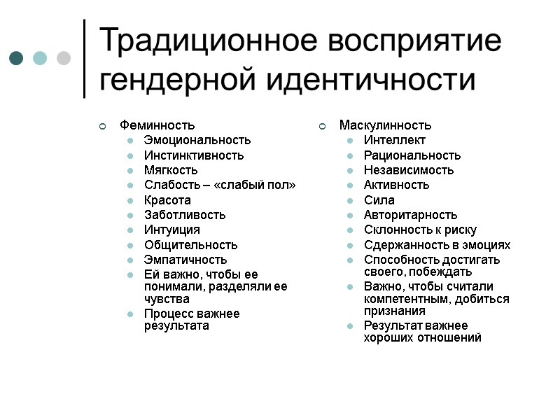 Традиционное восприятие гендерной идентичности Феминность Эмоциональность Инстинктивность Мягкость Слабость – «слабый пол» Красота Заботливость